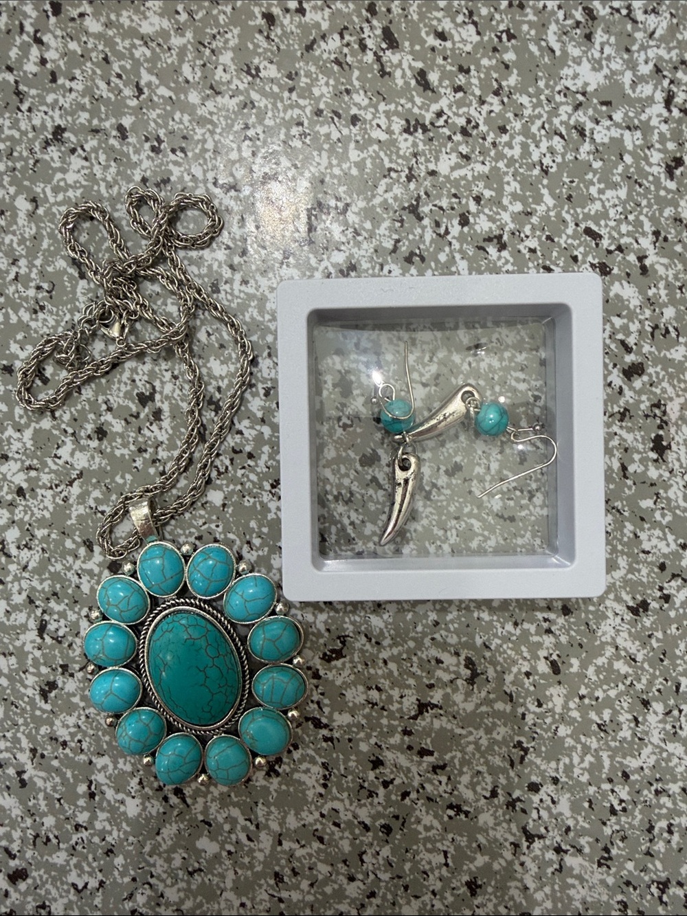 Floral Pendant Necklace and Earring Set - Silver Tone